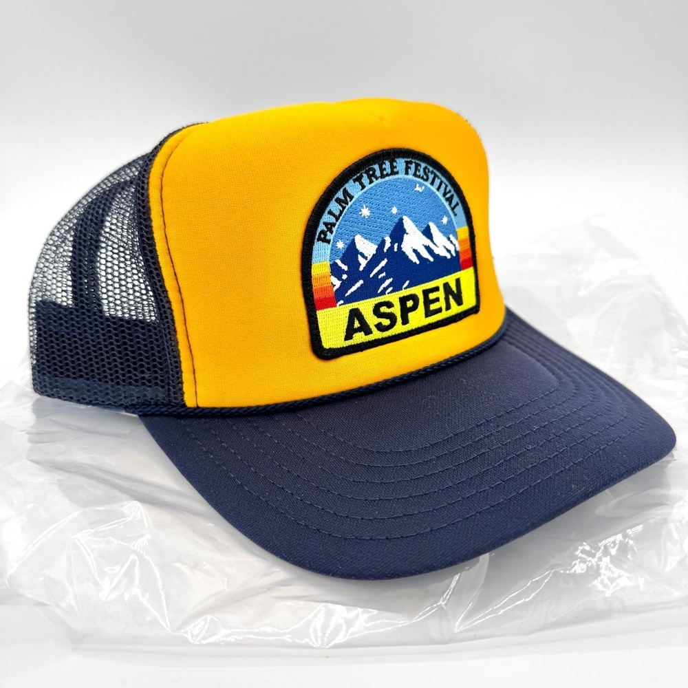 NWT Aviator Nation Aspen Palm Tree Festival Trucker Hat Gold / Navy Blue, Unisex